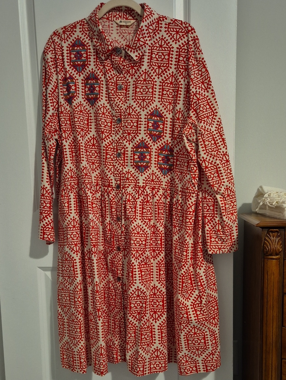 MARKETPLACE INDIA Long Sleeve Red Patterned Shirt Dress in Cream Base